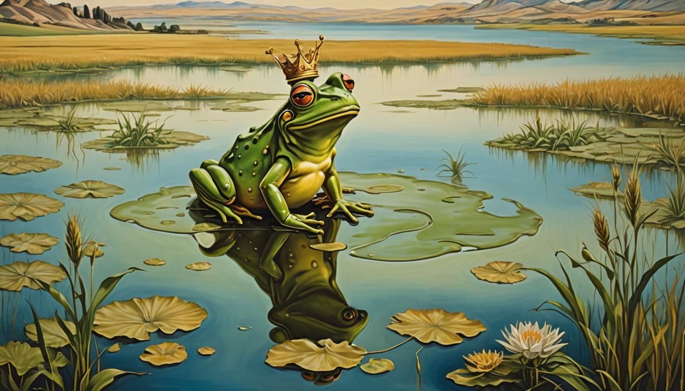 Surrealist Landscape with Melting Oil Paintings of a Frog Pr...