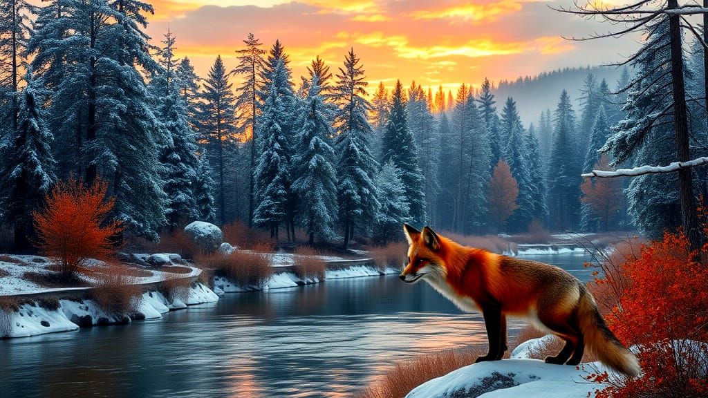 Autumn Sunrise Fox Amidst Pine Trees