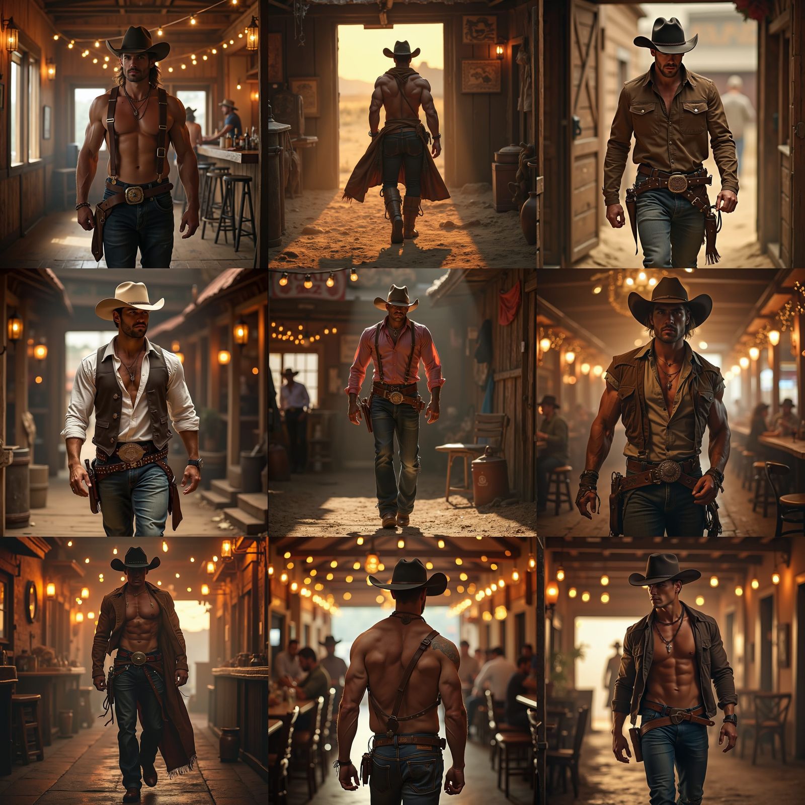 Dashing Cowboy Enters Saloon in Muscular Glory