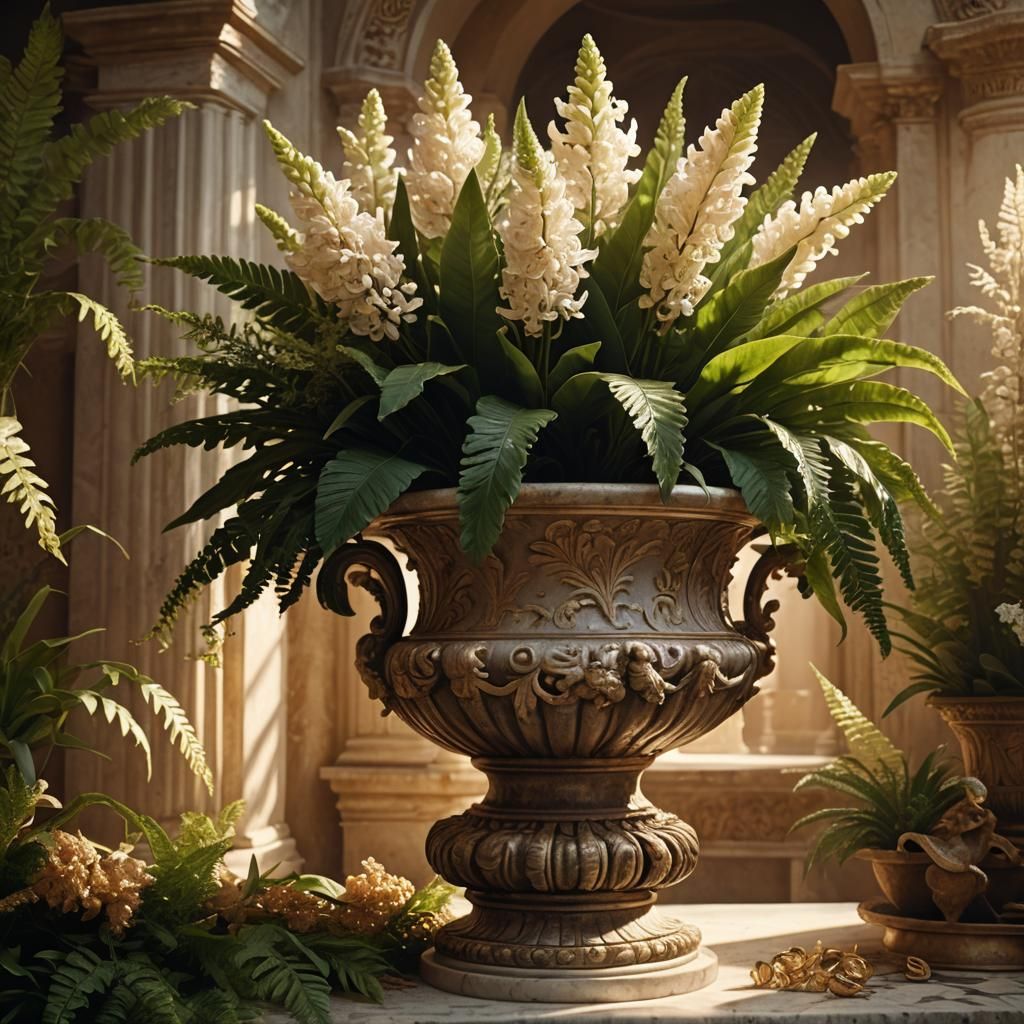 Ethereal Hyacinths Adorn Ornate Greek Urn in Golden Light