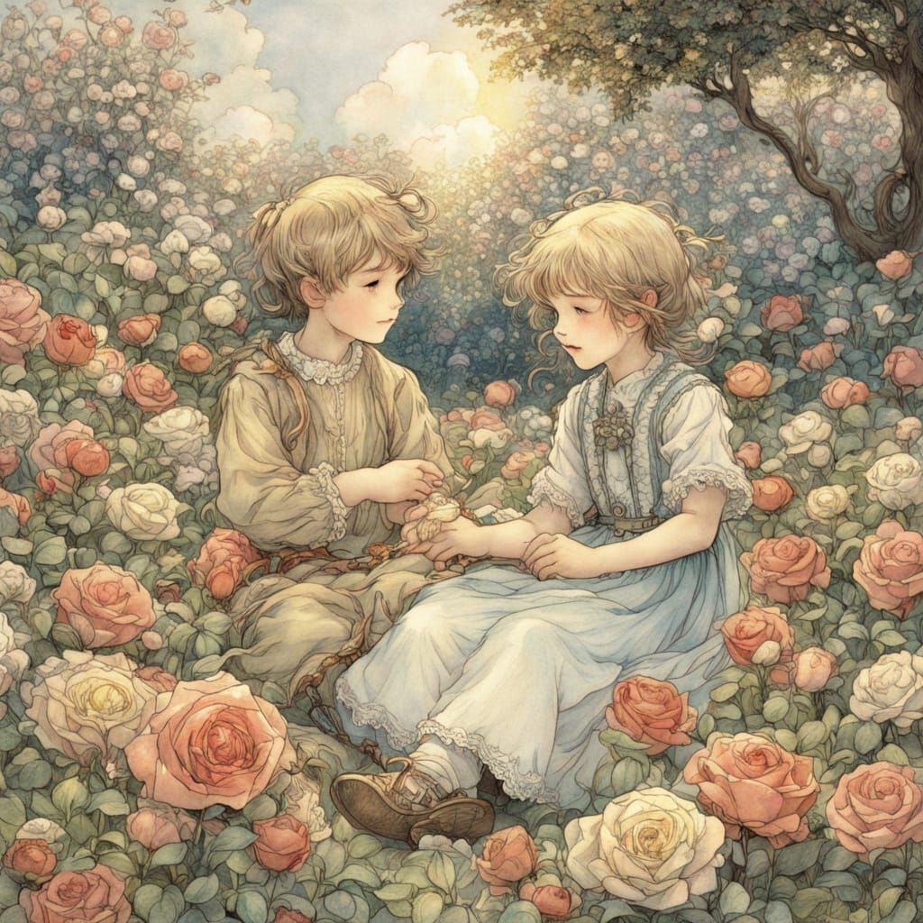 Brother and Sister in Sunny Rose Garden