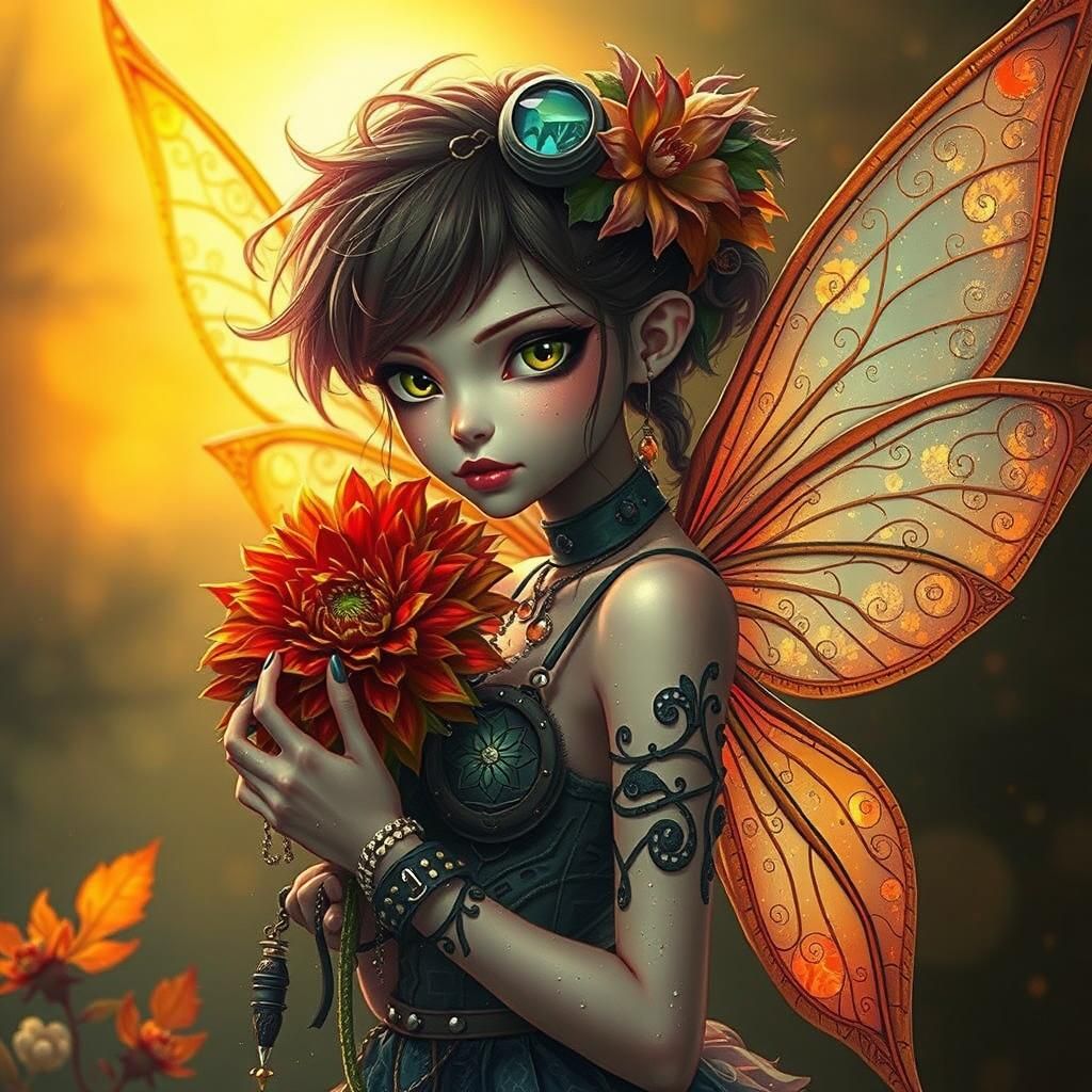Whimsical Autumn Fairy in Cyberpunk Style