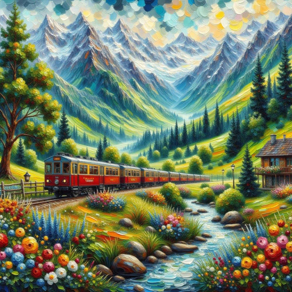 Vintage Train in Majestic Swiss Alps