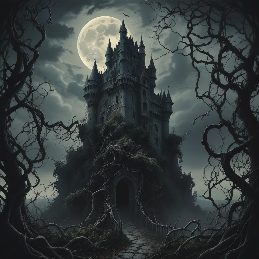 Dark Castle Amidst Twisted Vines at Nighttime
