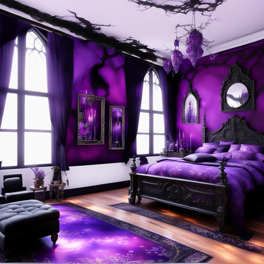 Gothic loft Apartment with Purple walls with Ethereal gothic silver windows& Purple Gothic victorian furniture& Purple g...