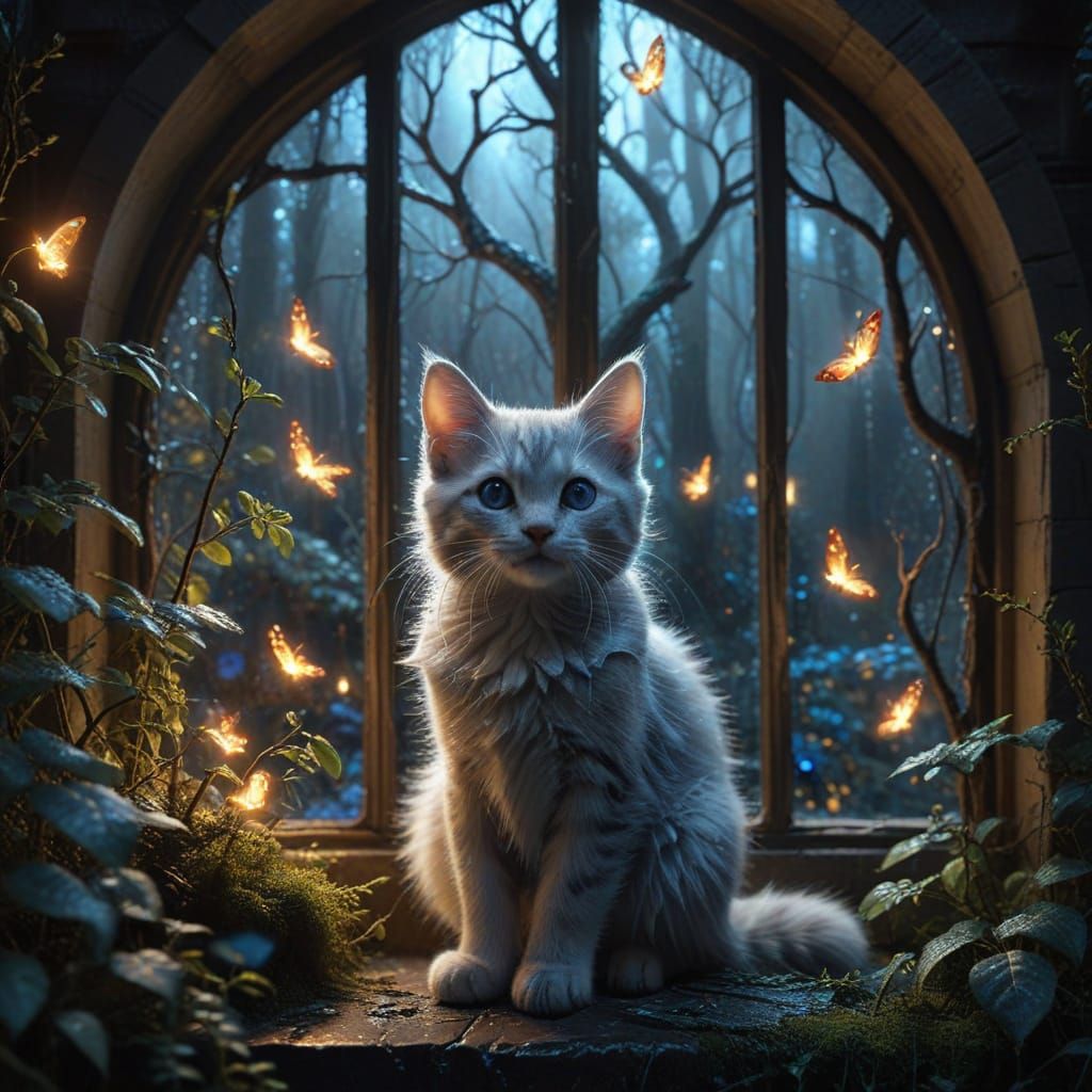 Kitten Controls Elements in Enchanted Forest Mosaic