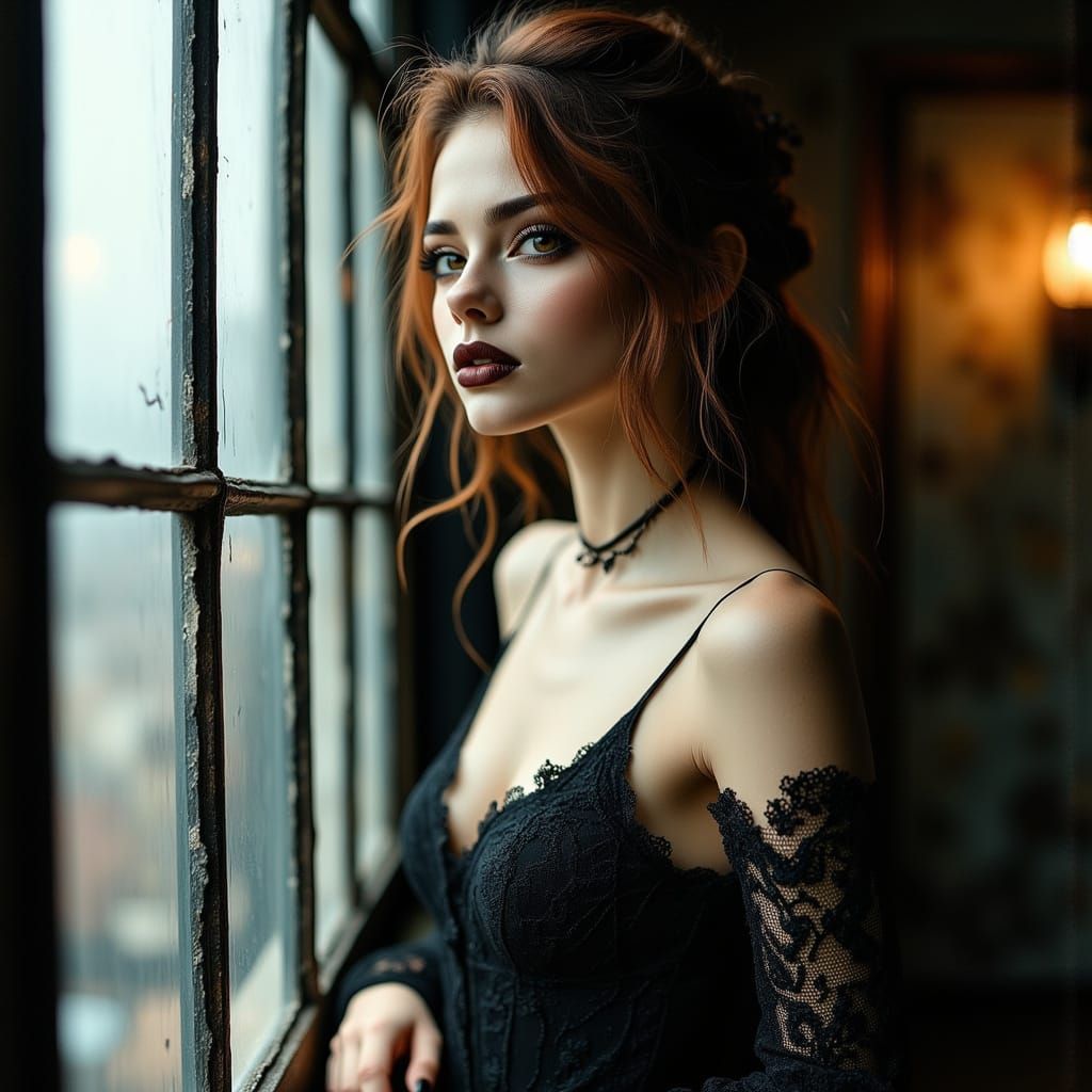 Ethereal Nighttime Portrait of a Brown-Eyed Woman in Black L...