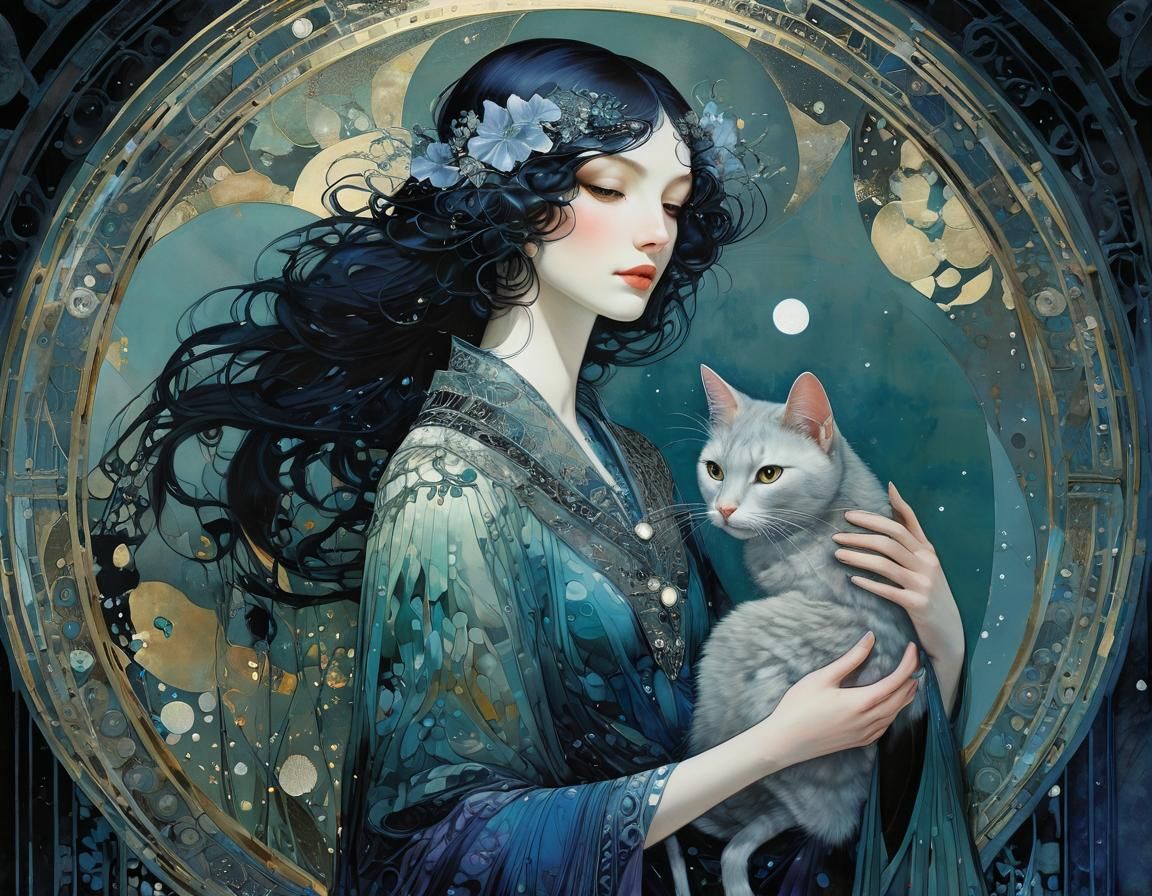 Woman and Cat in Whimsical Moonlit Scene