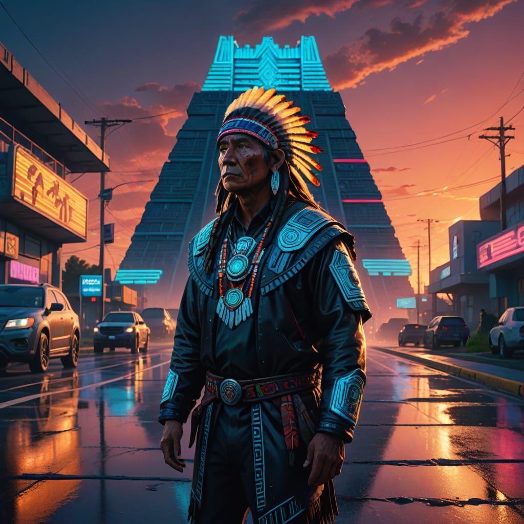 Native American in Futurecore Sci-Fi Art on Suburban Motorwa...