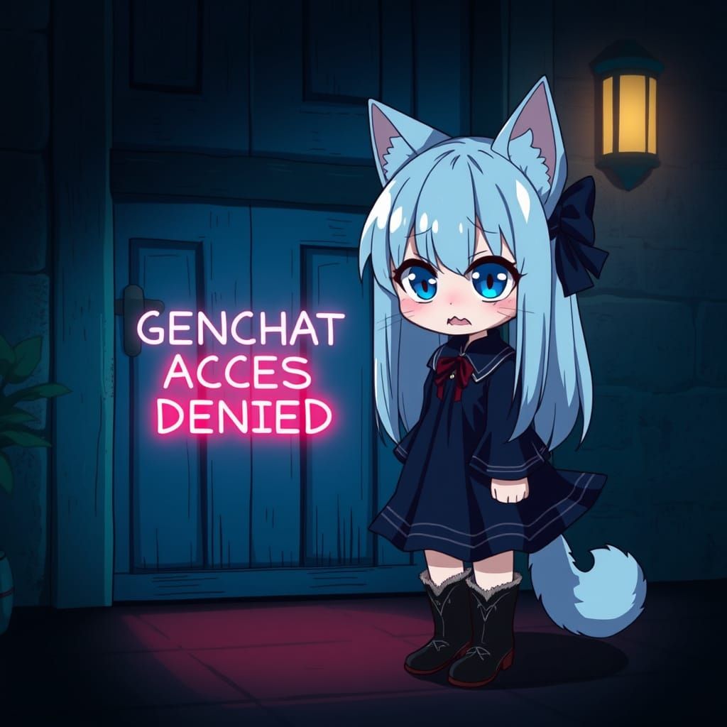Anime Catgirl Confronts Blocked Portal in Synthwave Style
