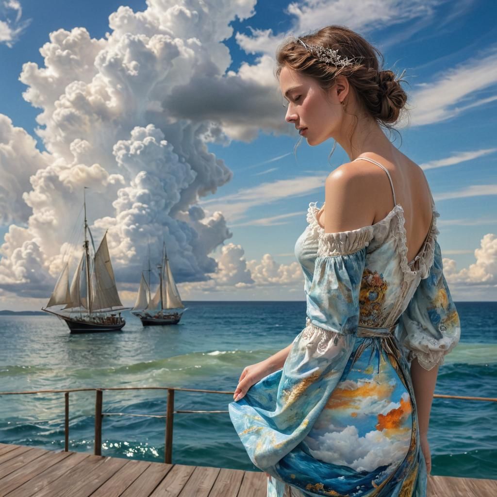 Woman on Deck Contemplating Life at Sea in Vibrant Colors