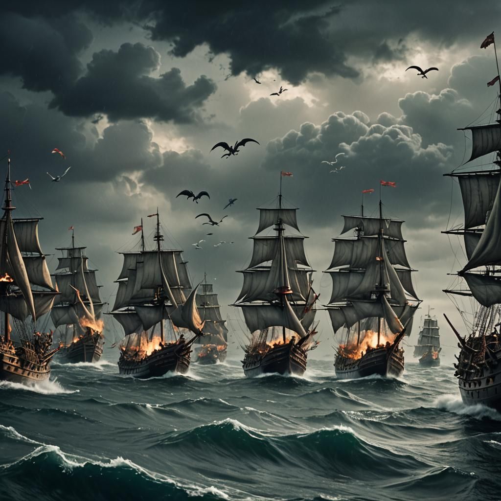 Dragons Clash with Fleet in Turbulent Stormy Sea