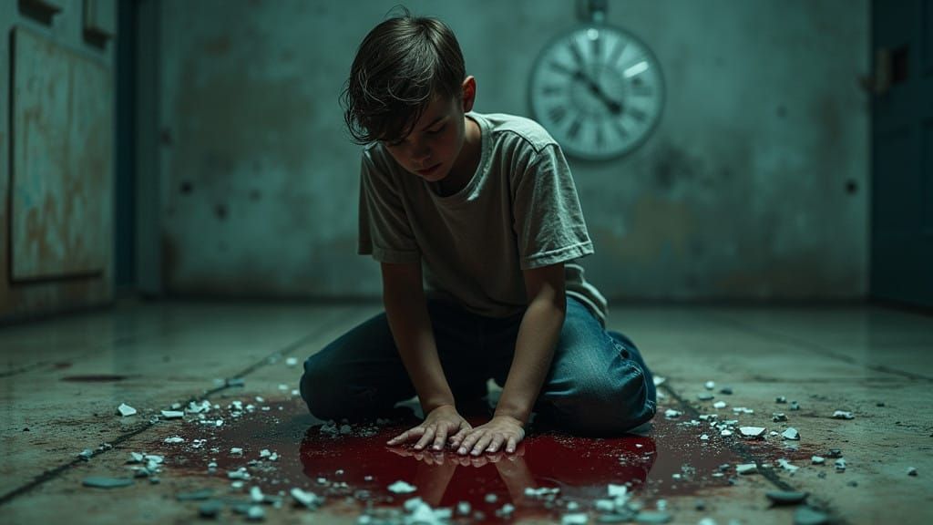 Teenage Boy Struggles Amidst Shattered Glass in a Dark Kitch...