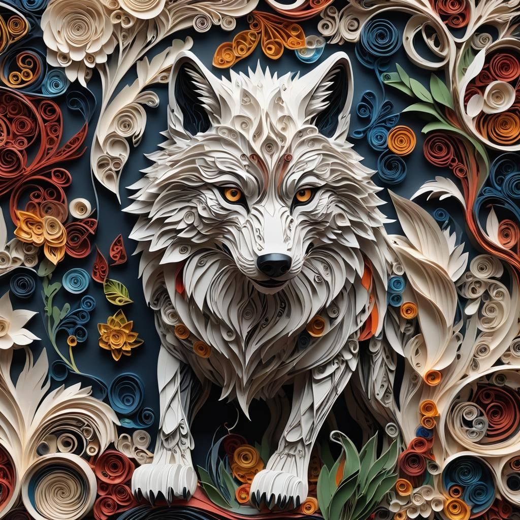 Wolf Fantastical Quilling Art in Deep Matte Colors