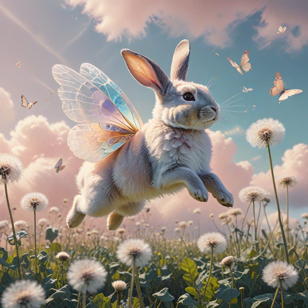 Whimsical Rabbit Soars Amidst Floating Dandelions in Pastel ...