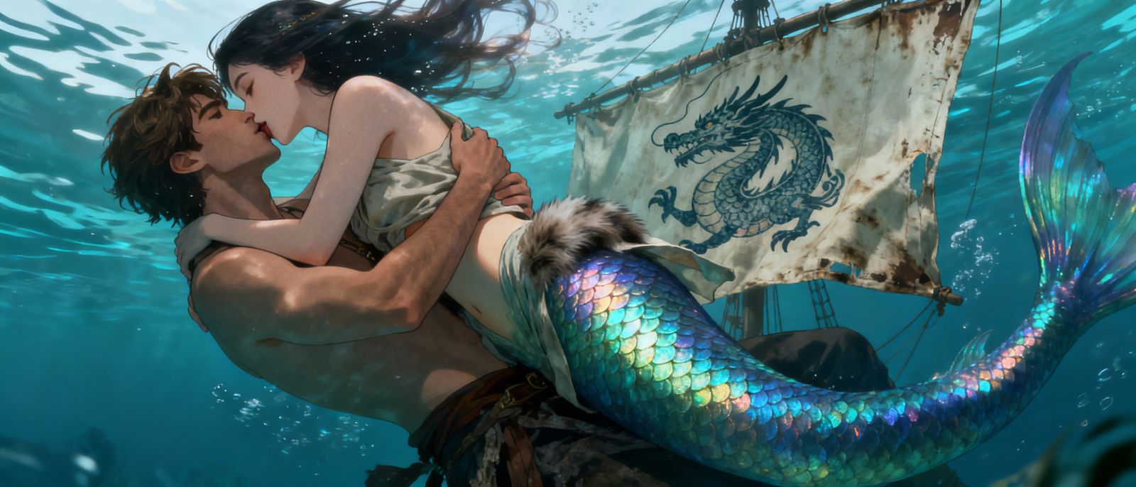 Enchanting Anime Mermaid Hugs Man Underwater