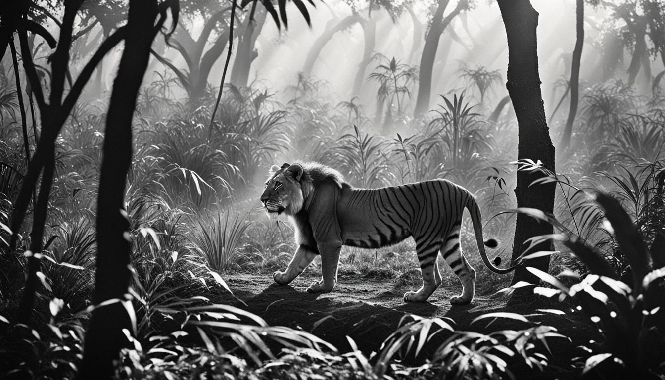 Stealthy Lion in Dense Jungle, Ultra Realistic Wildlife Phot...