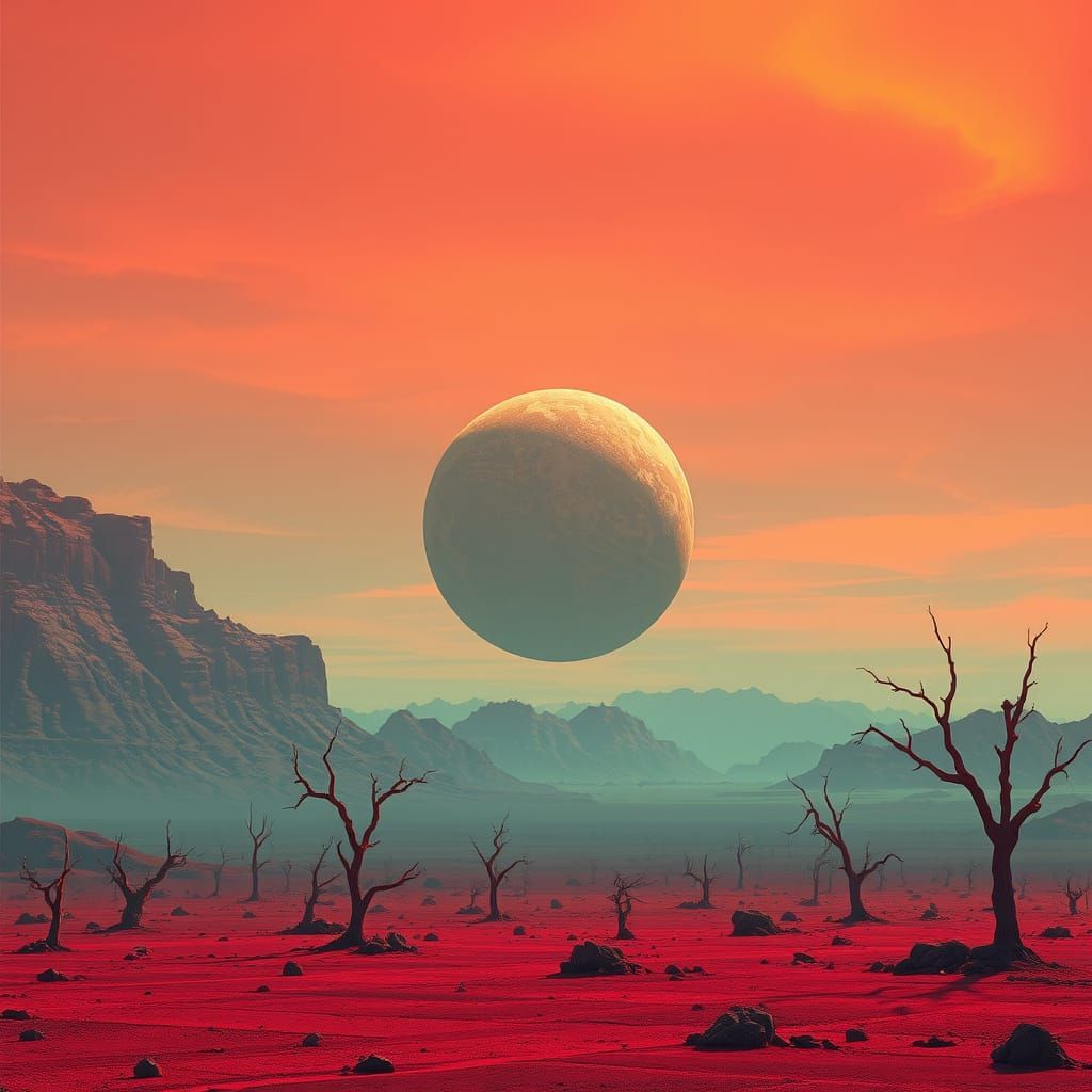 Surreal Alien Landscape with Distant Earth