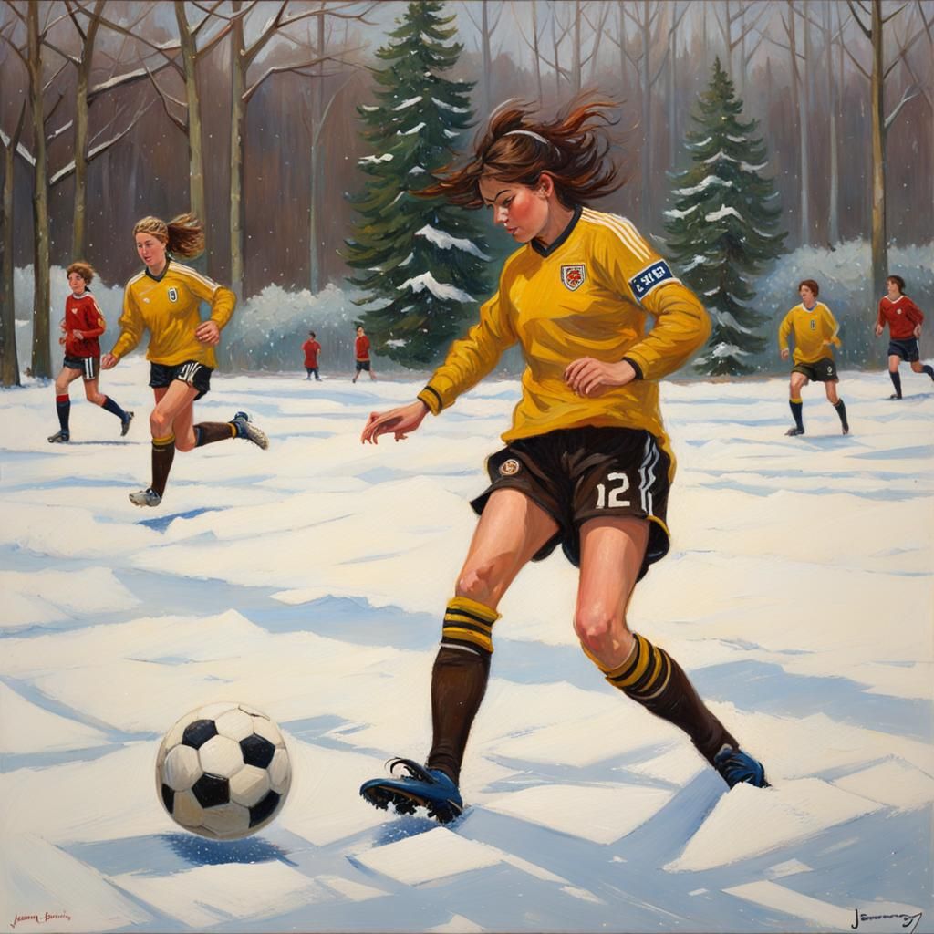 Girl Soccer Player in Snowy Soccer Game Scene, Oil Painting...
