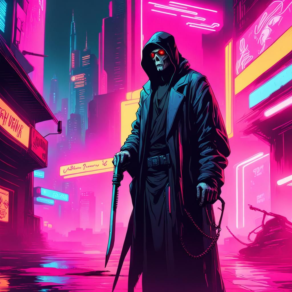 Grim Reaper in Cyberpunk Neon Haze