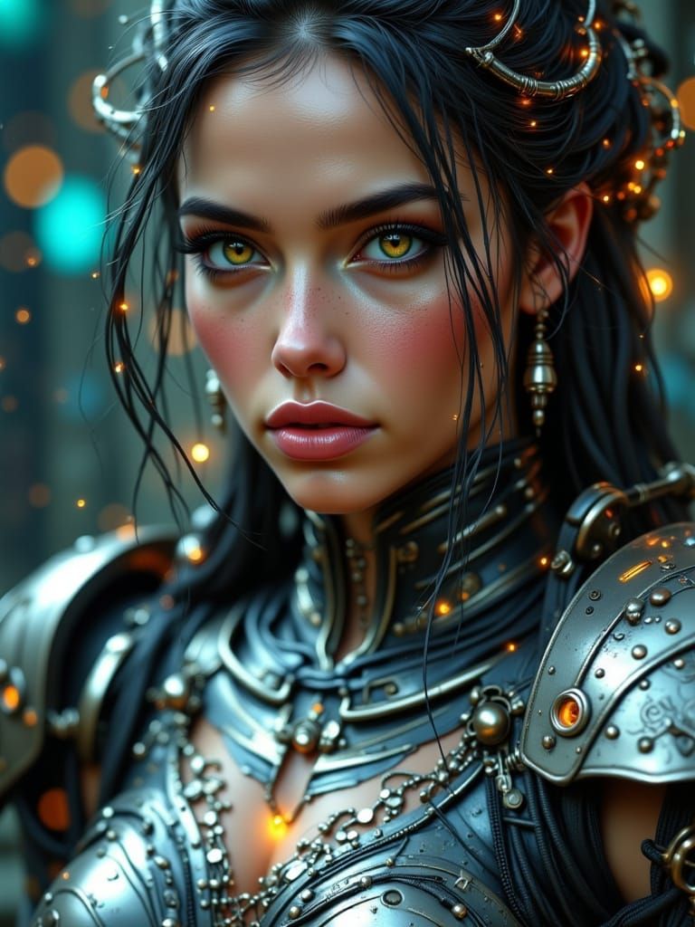 Cybernetic Heroine in Metallic Armor, Hyperrealistic
