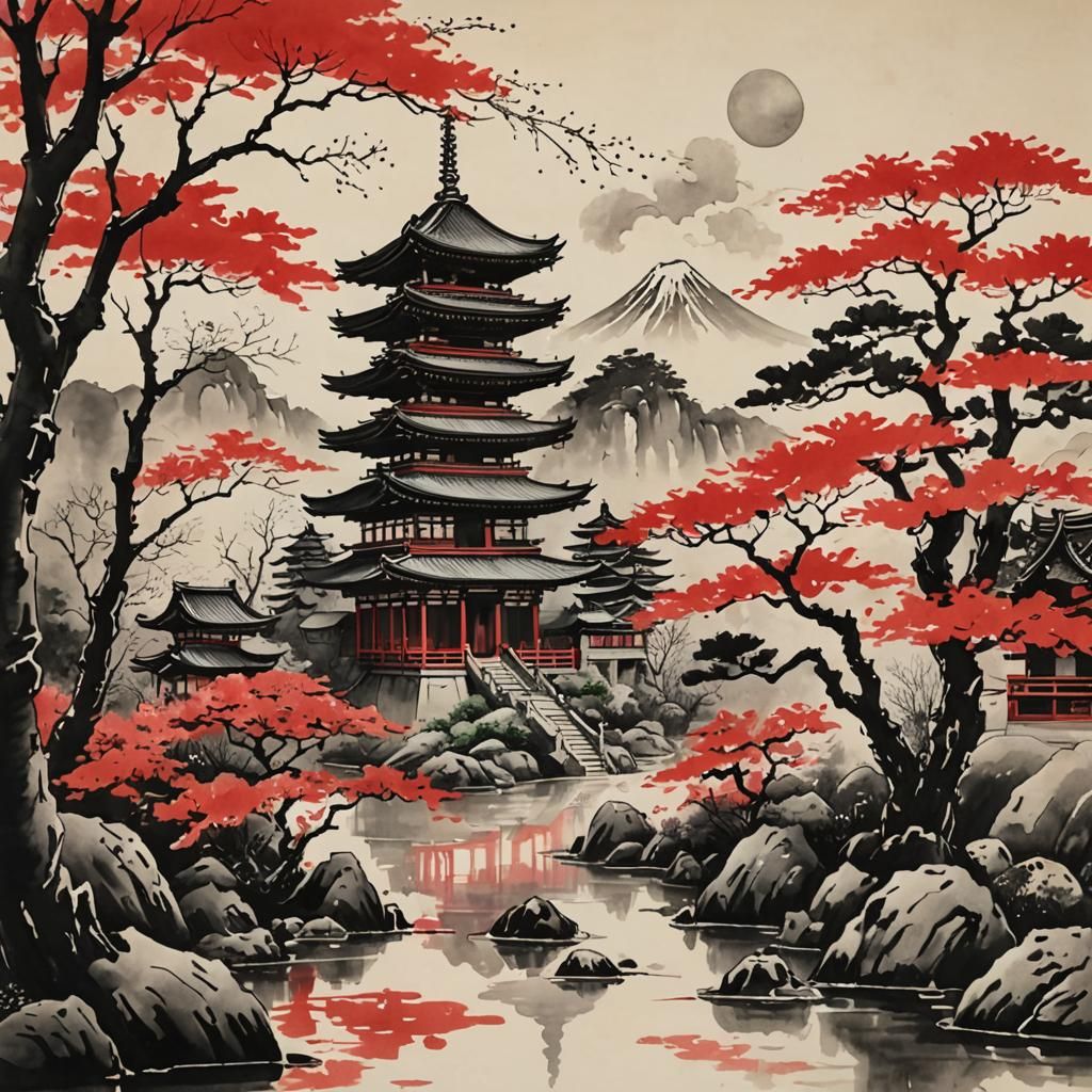 Traditional Japanese Ink Art with Temple and Geisha