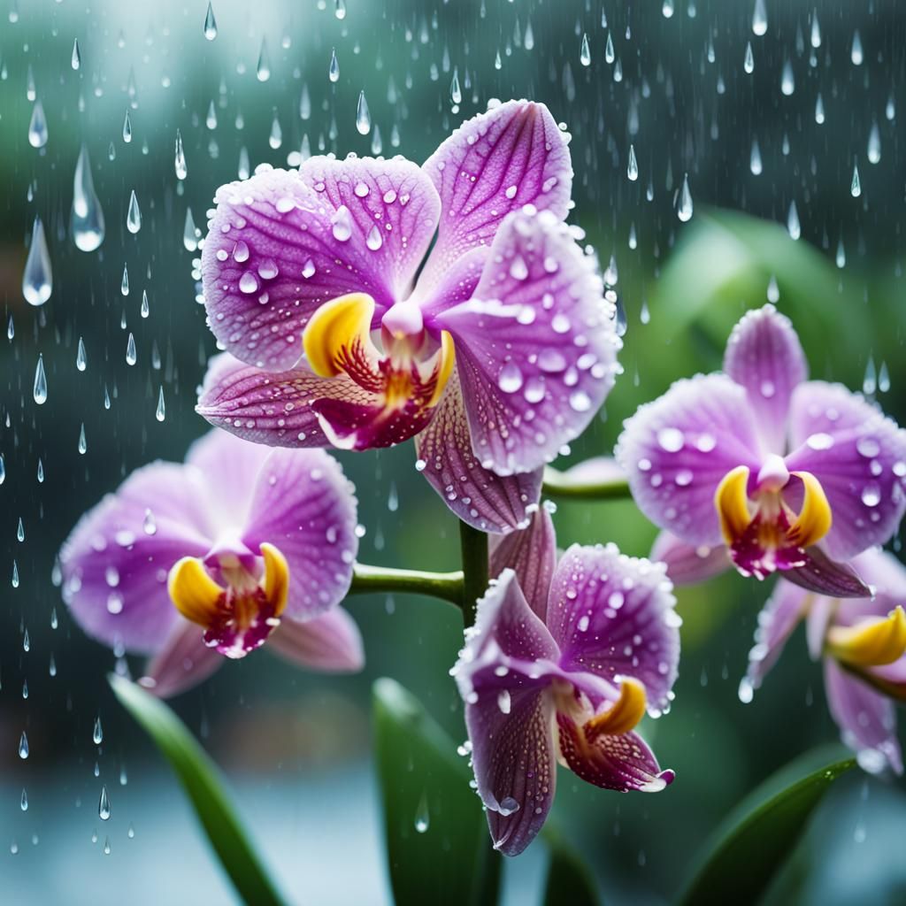 Hypernaturalistic Orchid Blooms in the Rain