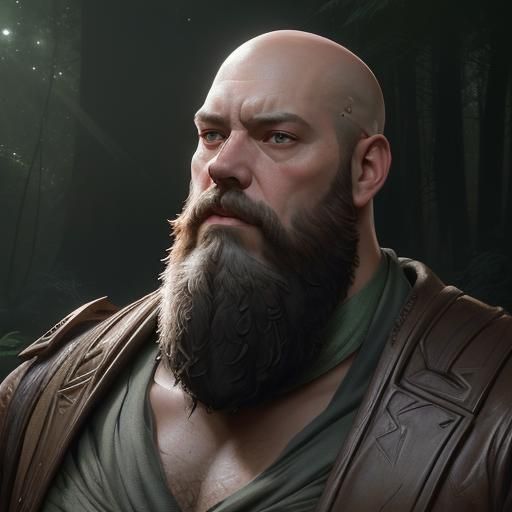 Bald and Bearded Half Giant in Luminous Forest