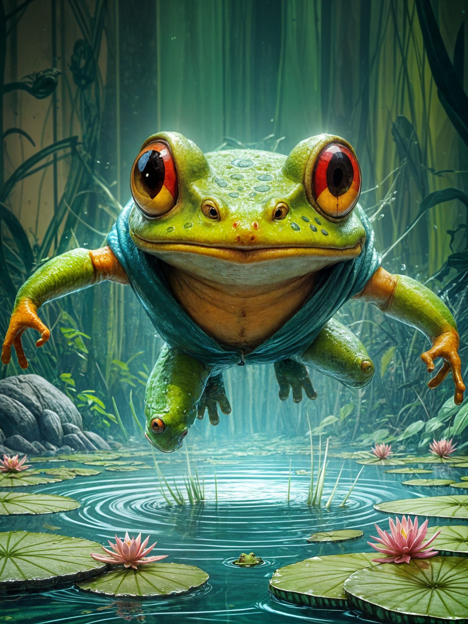 Surprised Frog's Lilypad Miscalculation: Humorous AI Art