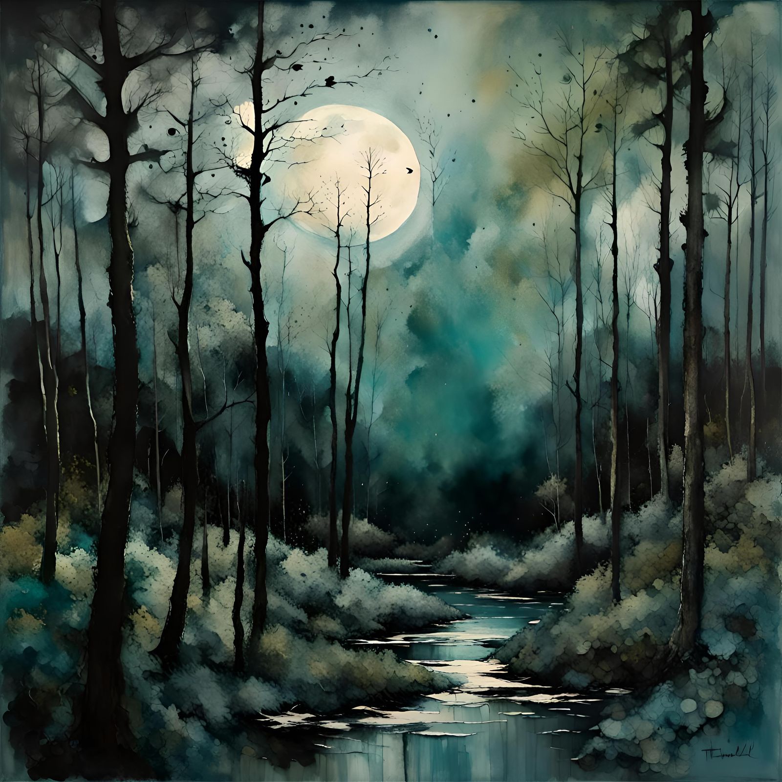 Mysterious Art Brut Forest Landscape Under Dark Skies