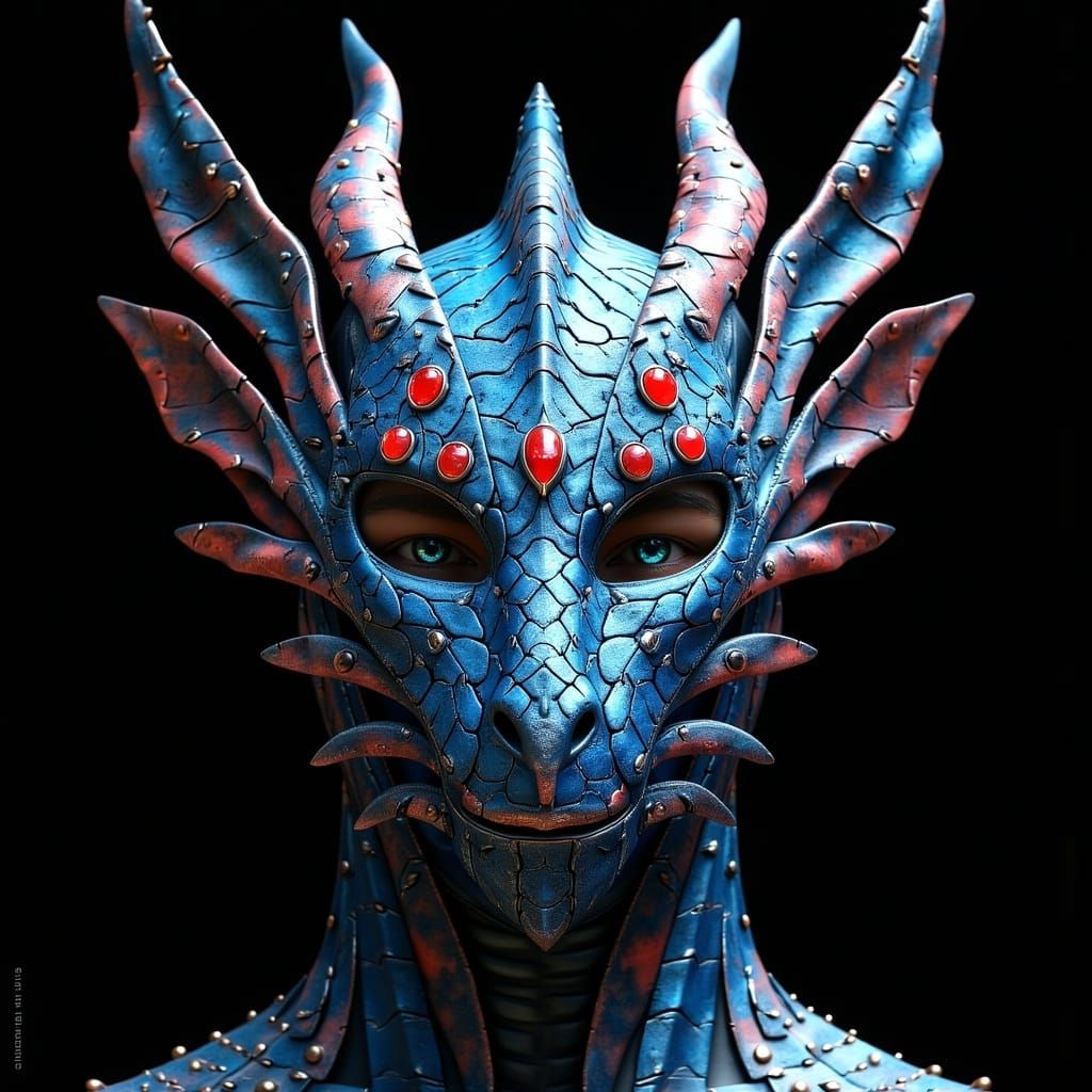 Fantastical Blue Sea Dragon Metal Mask in Vibrant Hues