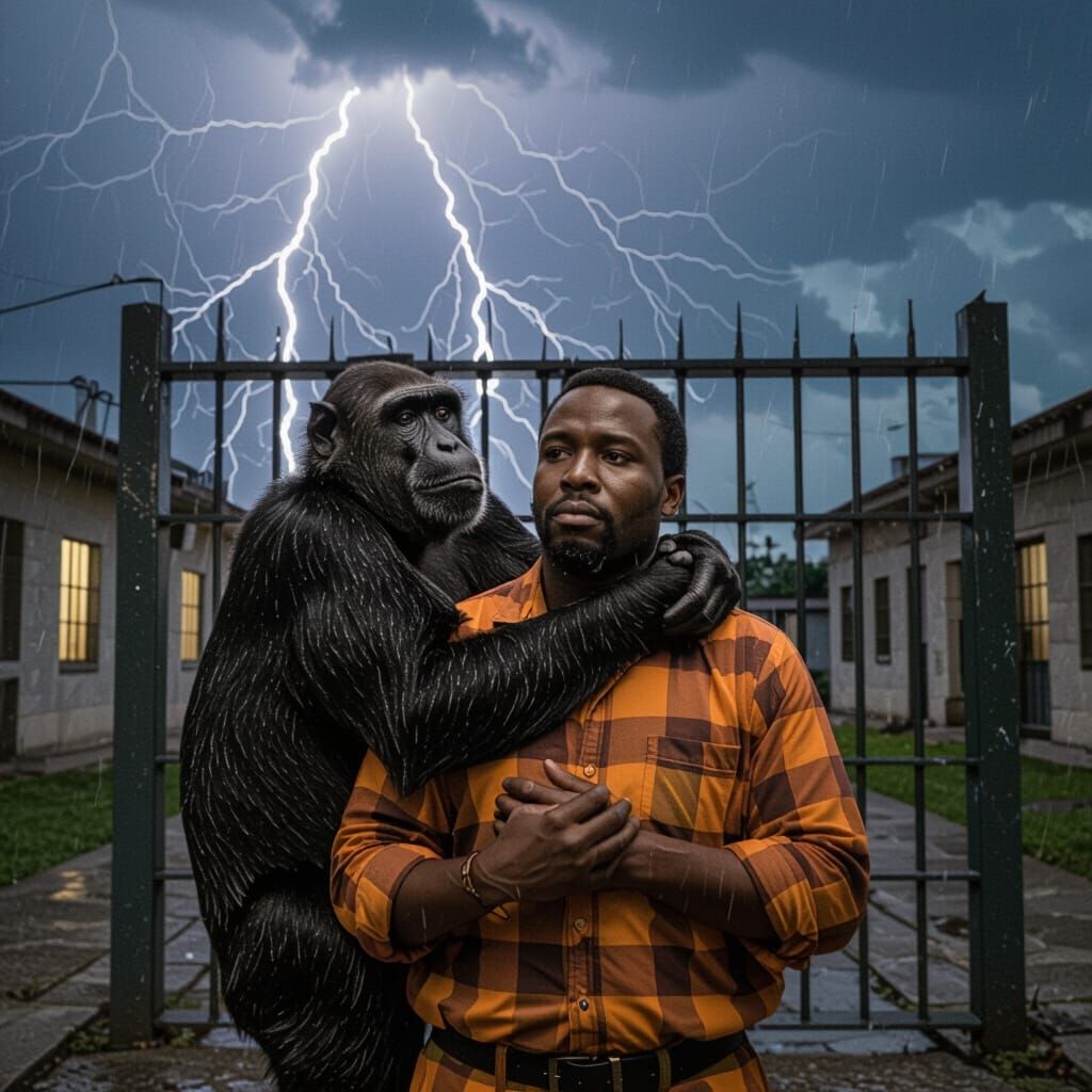 Monkey Hugs Man Before Prison in Stormy Expressionist Style