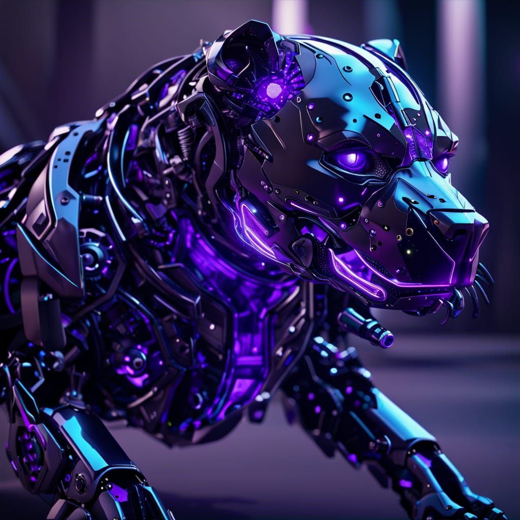 Surreal Sci-Fi Robot Pitbull with Glowing Purple Eyes