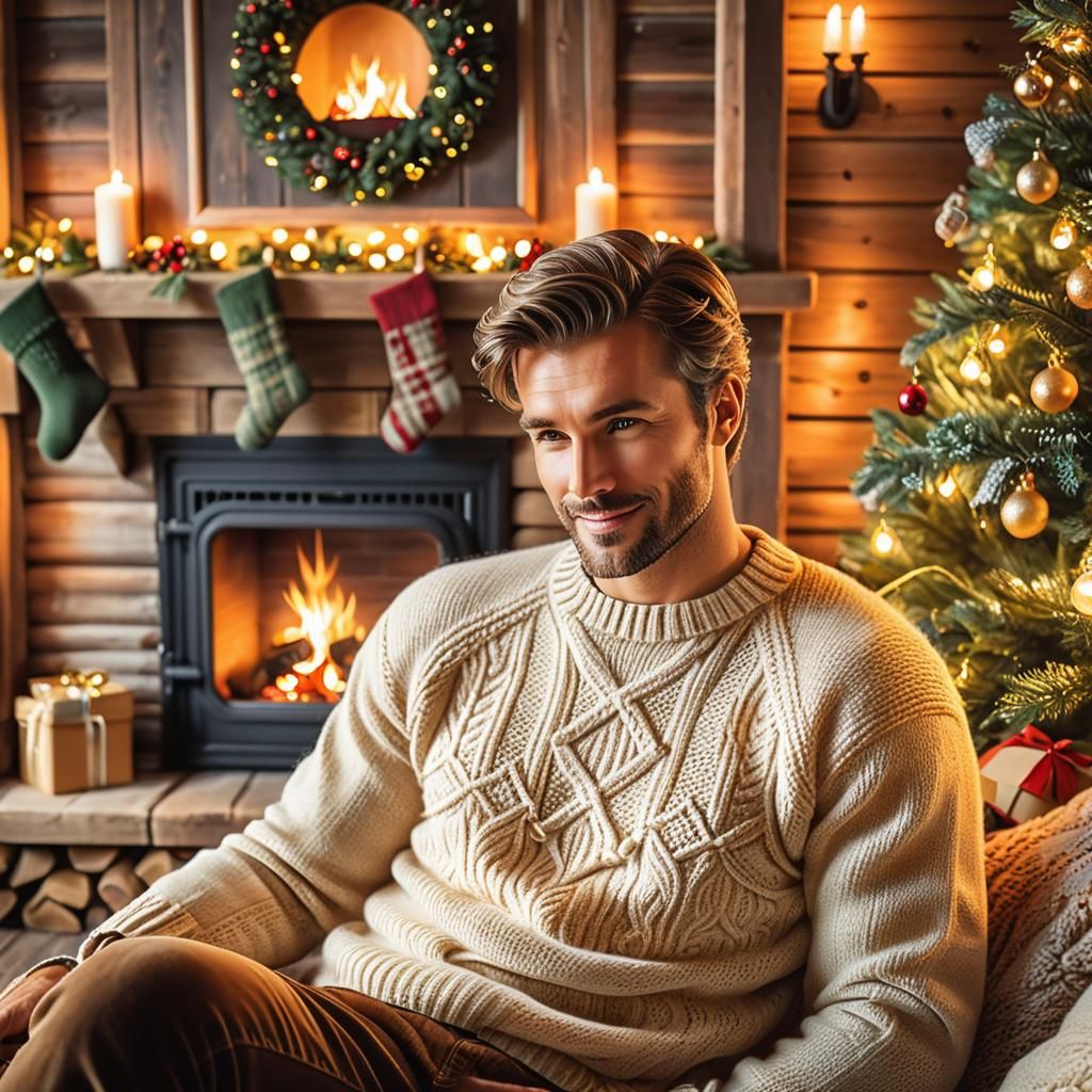 Handsome Gentleman in Whimsical Christmas Scene, Watercolor...