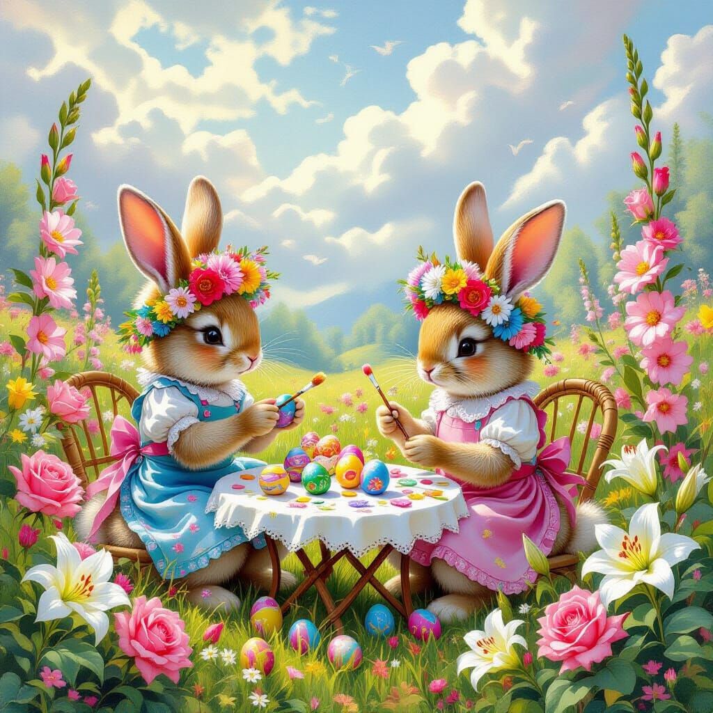 Bunnies Painting Easter Eggs in a Whimsical Meadow