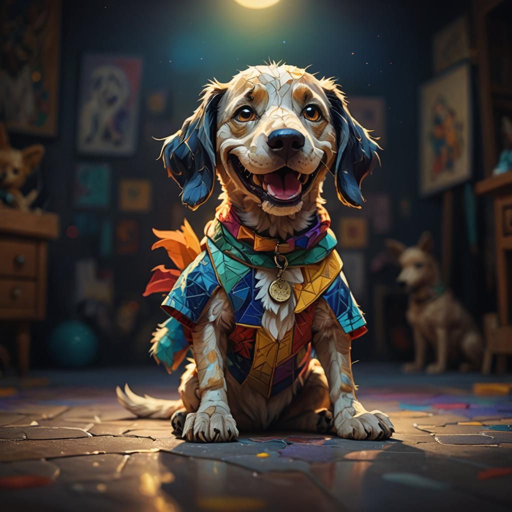 Happy Humanoid Dog in Vibrant, Triadic Colors