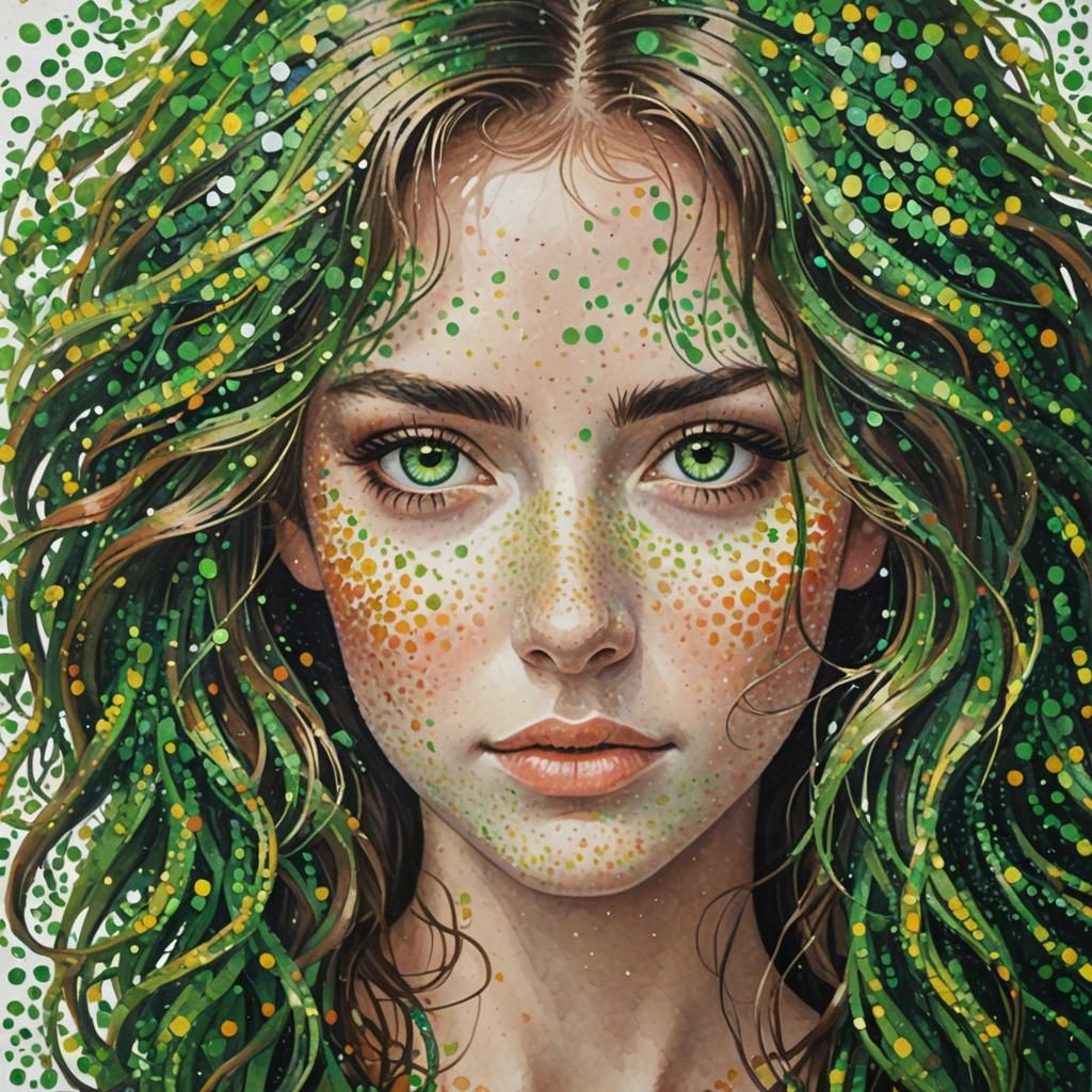 Pointillist Portrait of a Young Girl with Dotted Hair