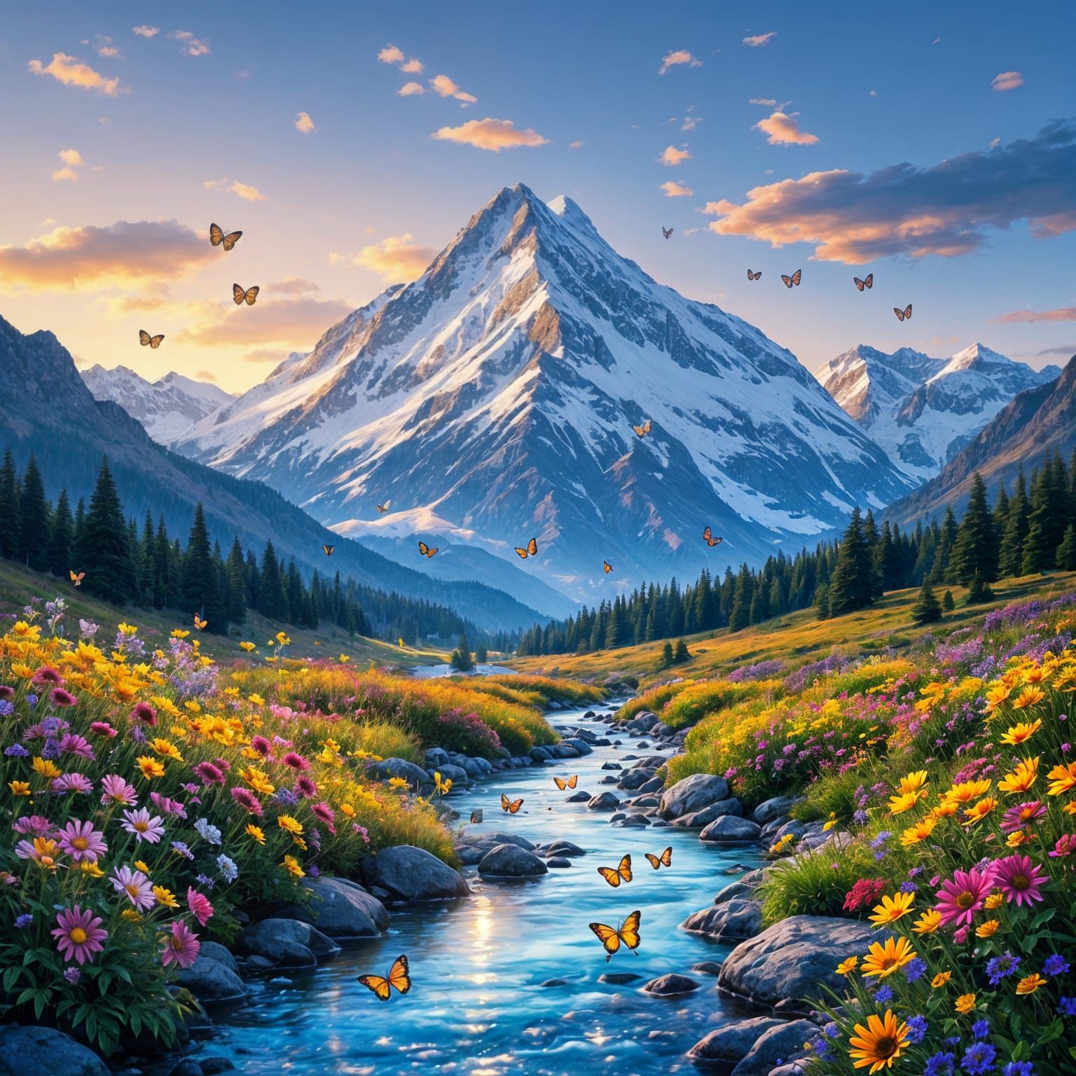 Lush Mountain Landscape with Stream and Flowers