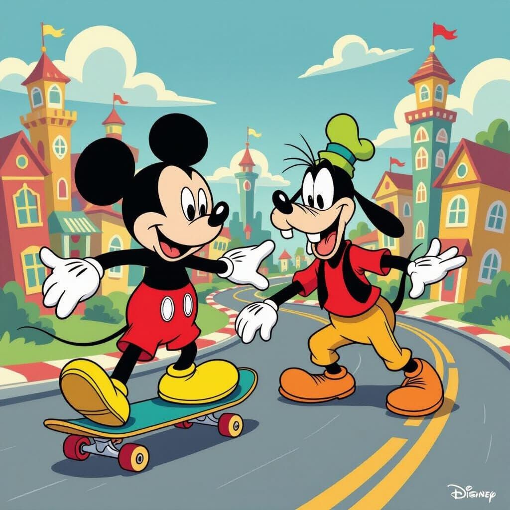 Mickey Mouse Skateboarding with Goofy in Cartoon World