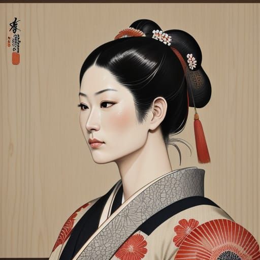 Samurai Portrait in Utamaro Style Woodblock