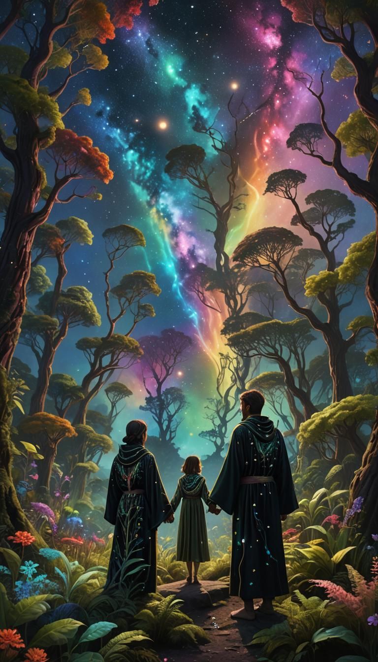 Two Souls Stargaze in a Celestial Forest of Dreams