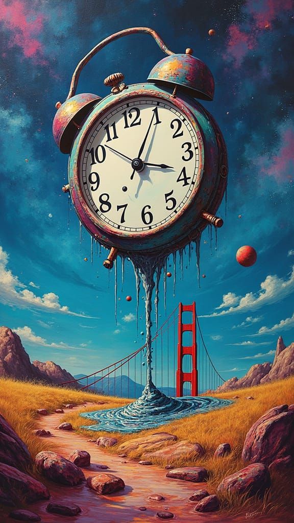 Surreal Melting Clock Reversing Time, Polychromatic Street A...