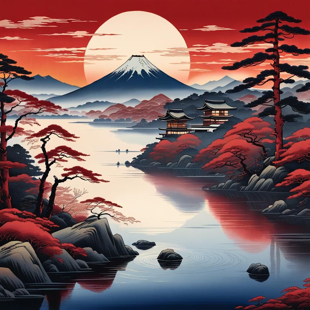 Vibrant Sunset Scene in Japanese Ukiyo-e Style