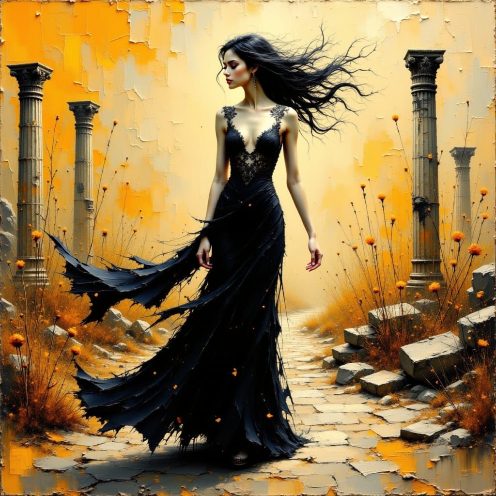 Woman in Black Dress Amidst Abstract Ruins as Impasto Painti...