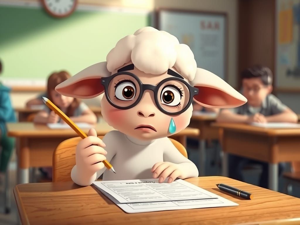 Worried Lamb Student Taking an Exam Cartoon