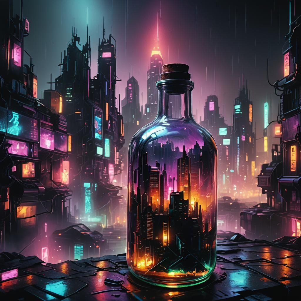 Cyberpunk Cityscape in a Neon Bottle