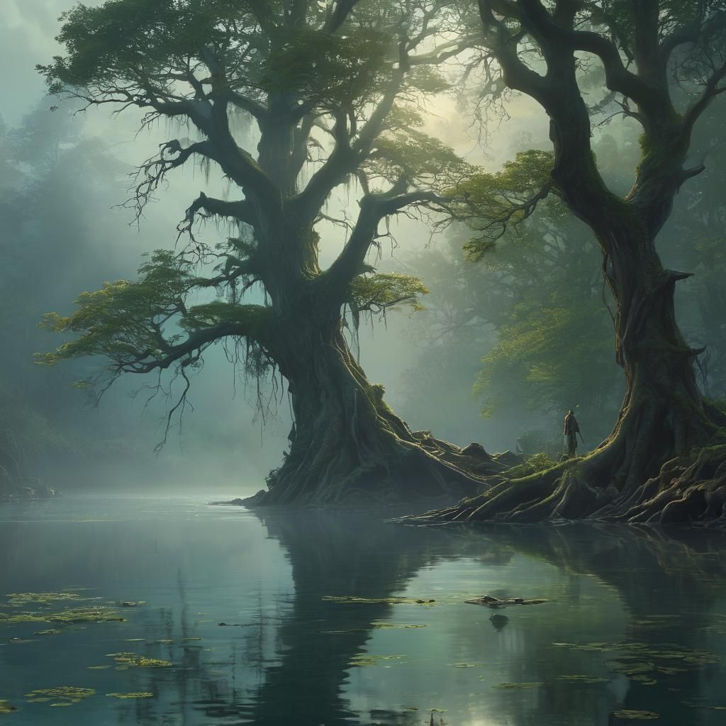 Mystical Lake Encounter in Vibrant Fantasy Style