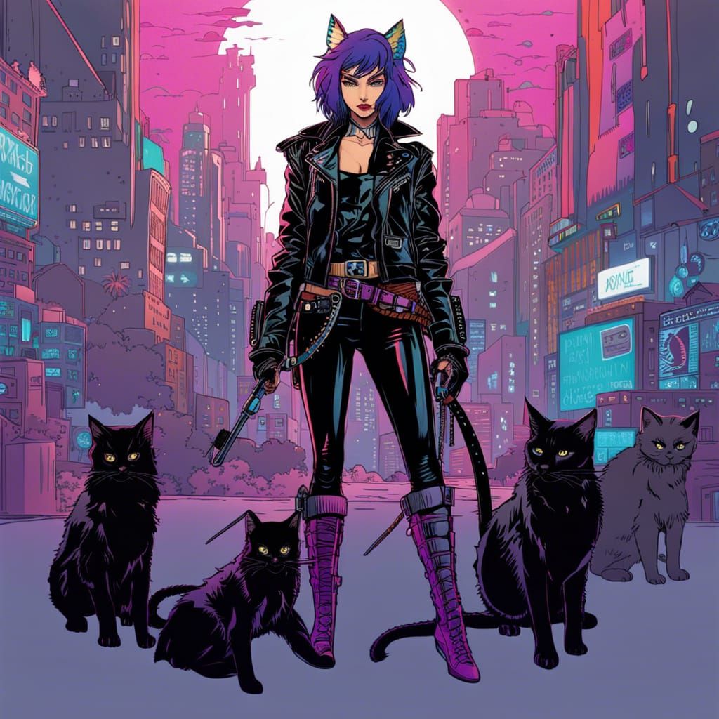 Cyberpunk Female Heroine in a Whimsical World of Cats