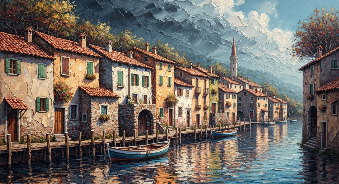 Whimsical Italian Village: Fantasy Oil Painting