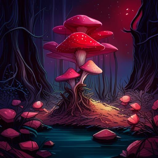 Fairycore Gothic Toadstool House Under Starry Sky